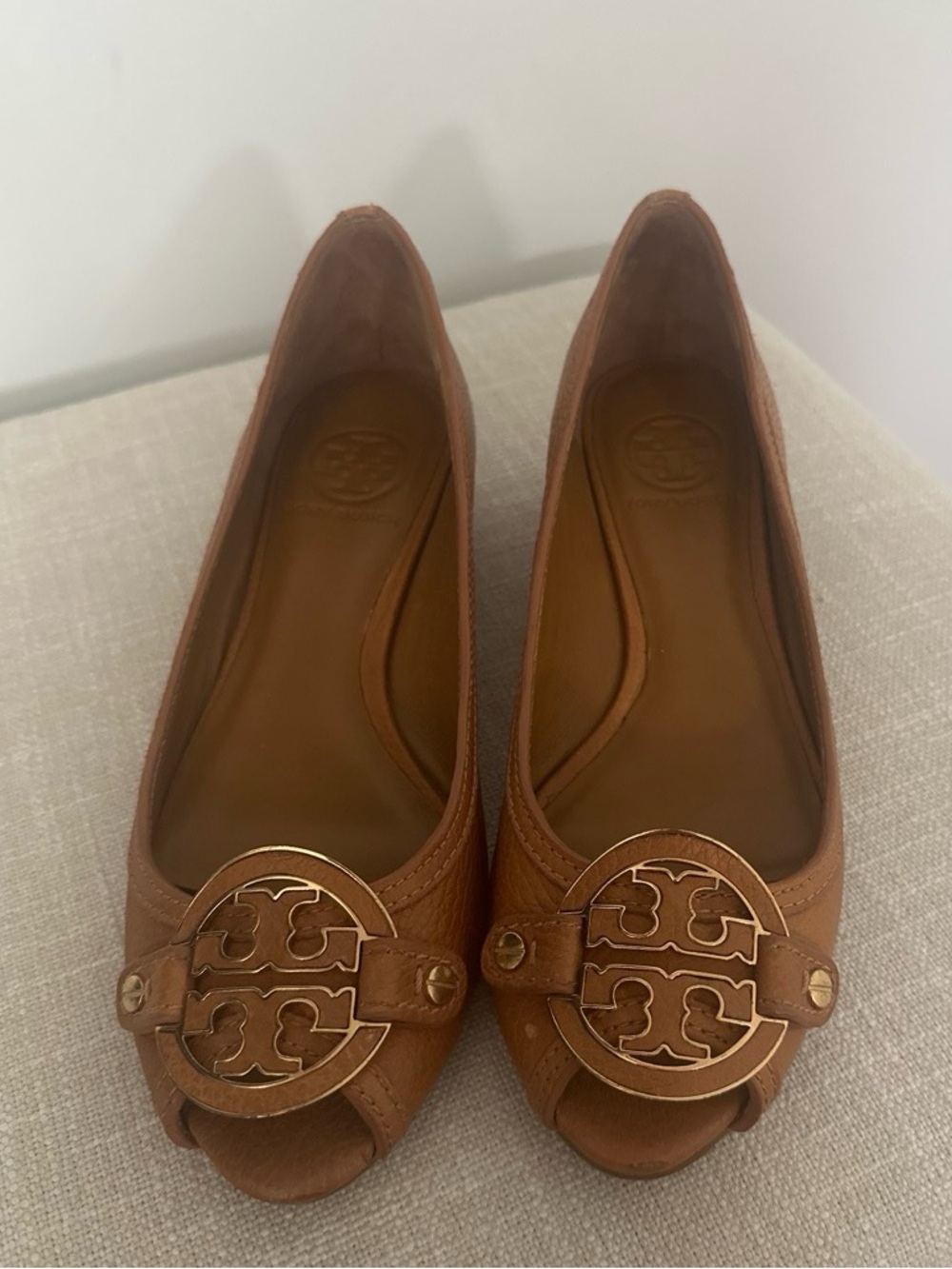 Tory Burch Cognac Leather Peep-Toe Flats with Gold Logo